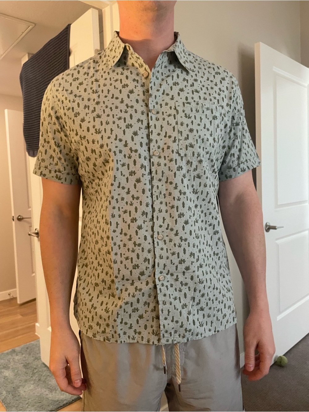 Sage Green Short-Sleeve Button-Down Shirt with Cactus Print
